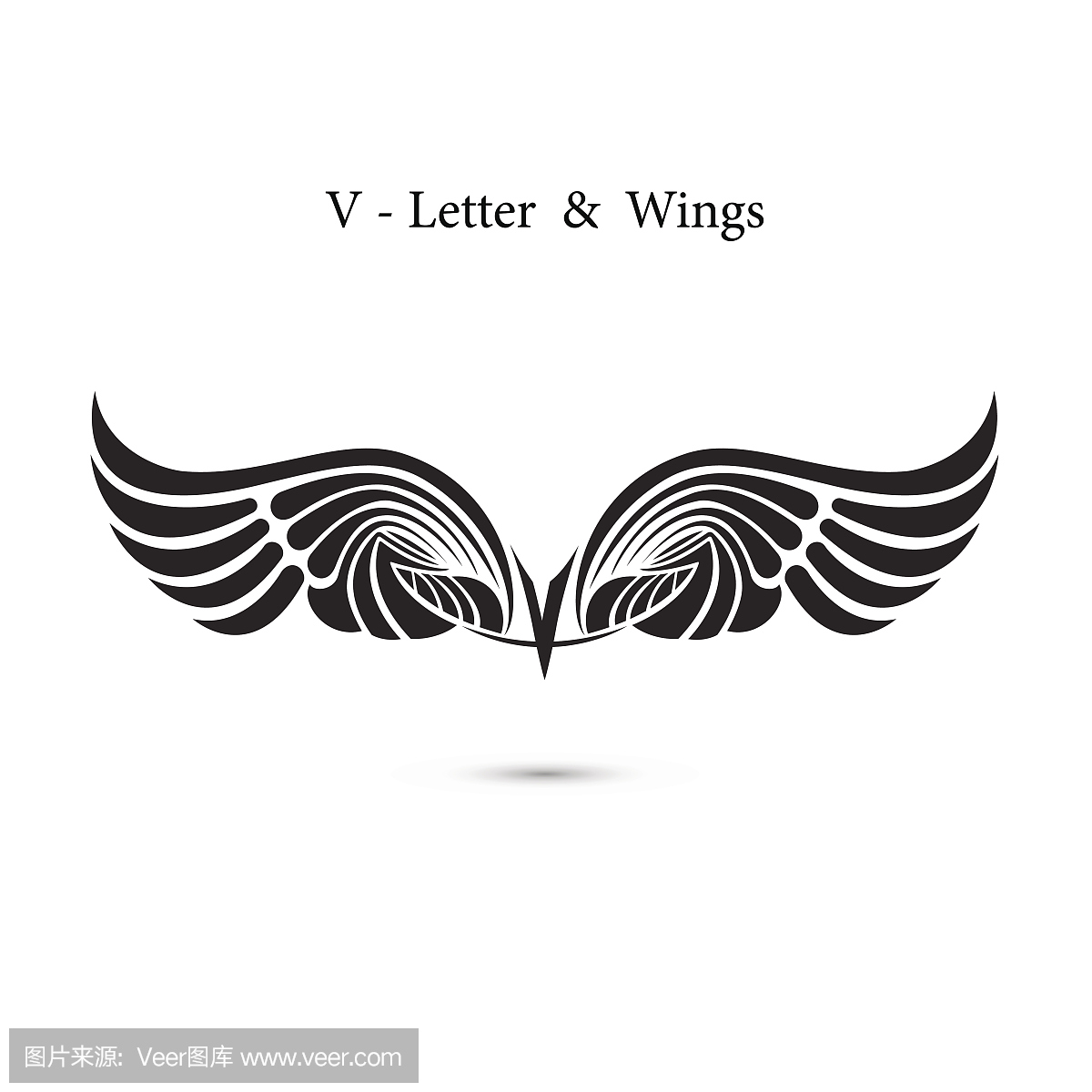 V字符号和天使翼。唱片翼图标。古典象征。有