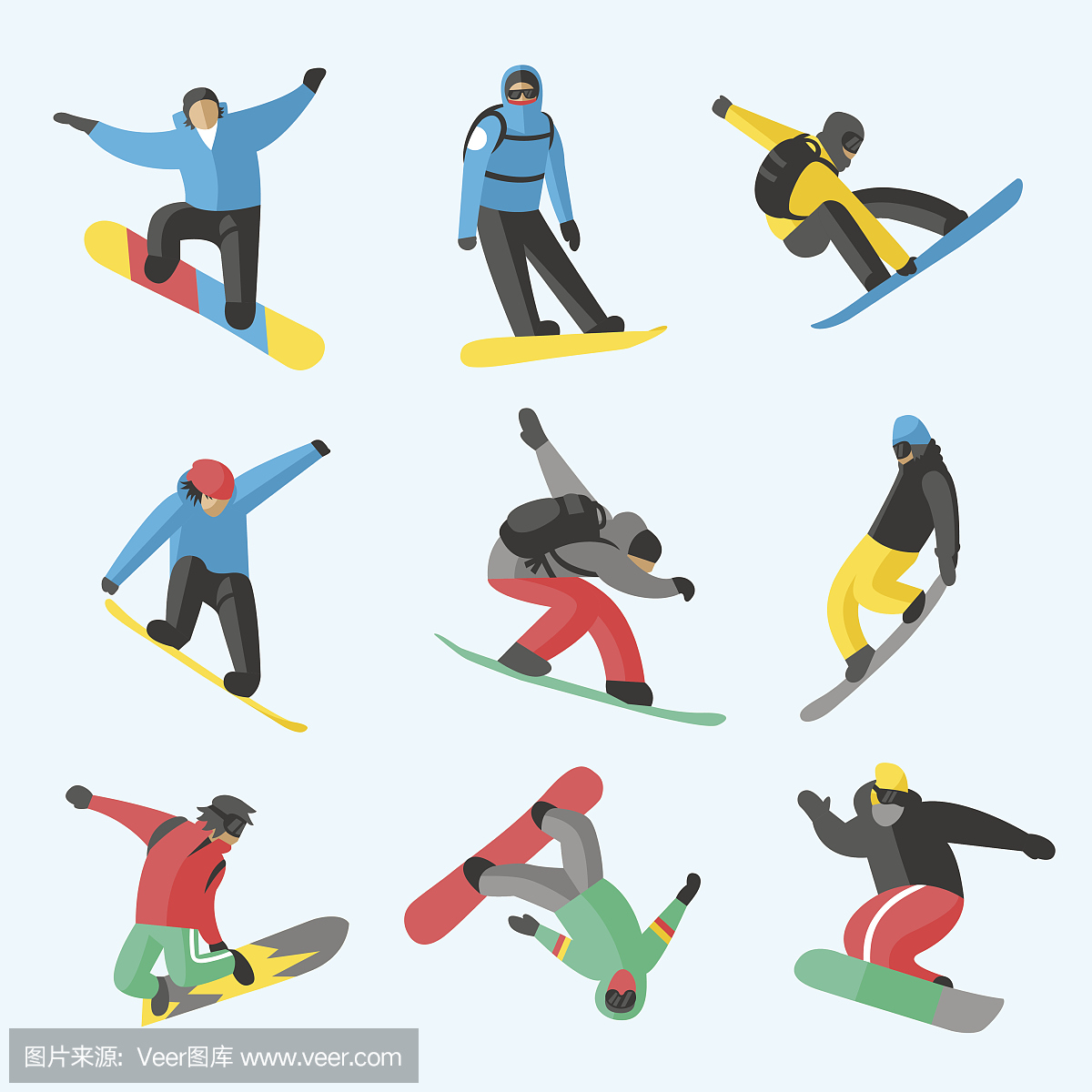 在白色背景上的不同姿势的滑雪板跳跃