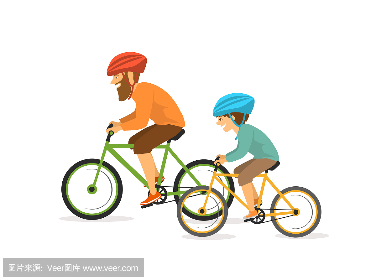 积极开朗的父亲和儿子,男人和男孩骑自行车,骑