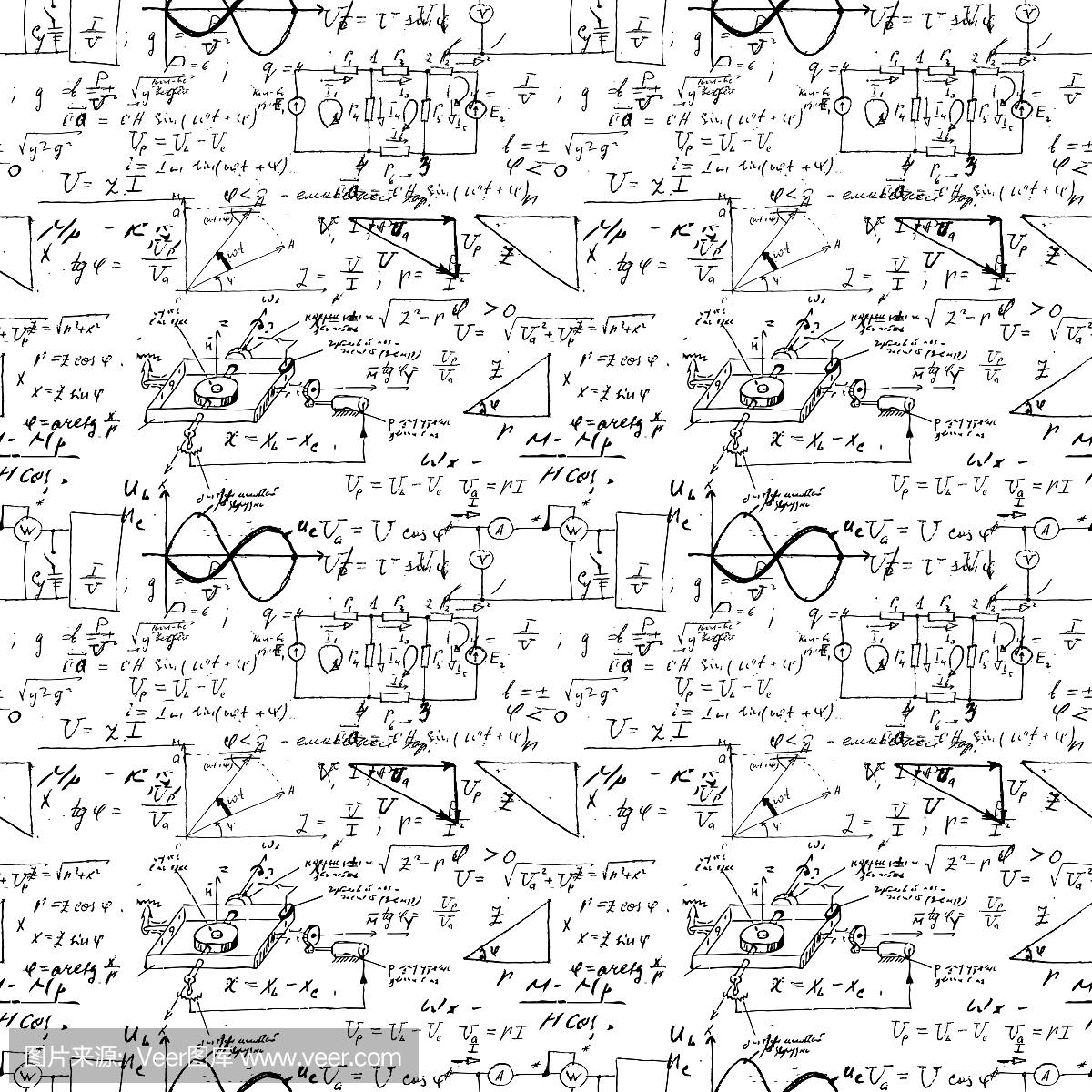 无缝的无尽图案背景与手写数学公式,数学关系