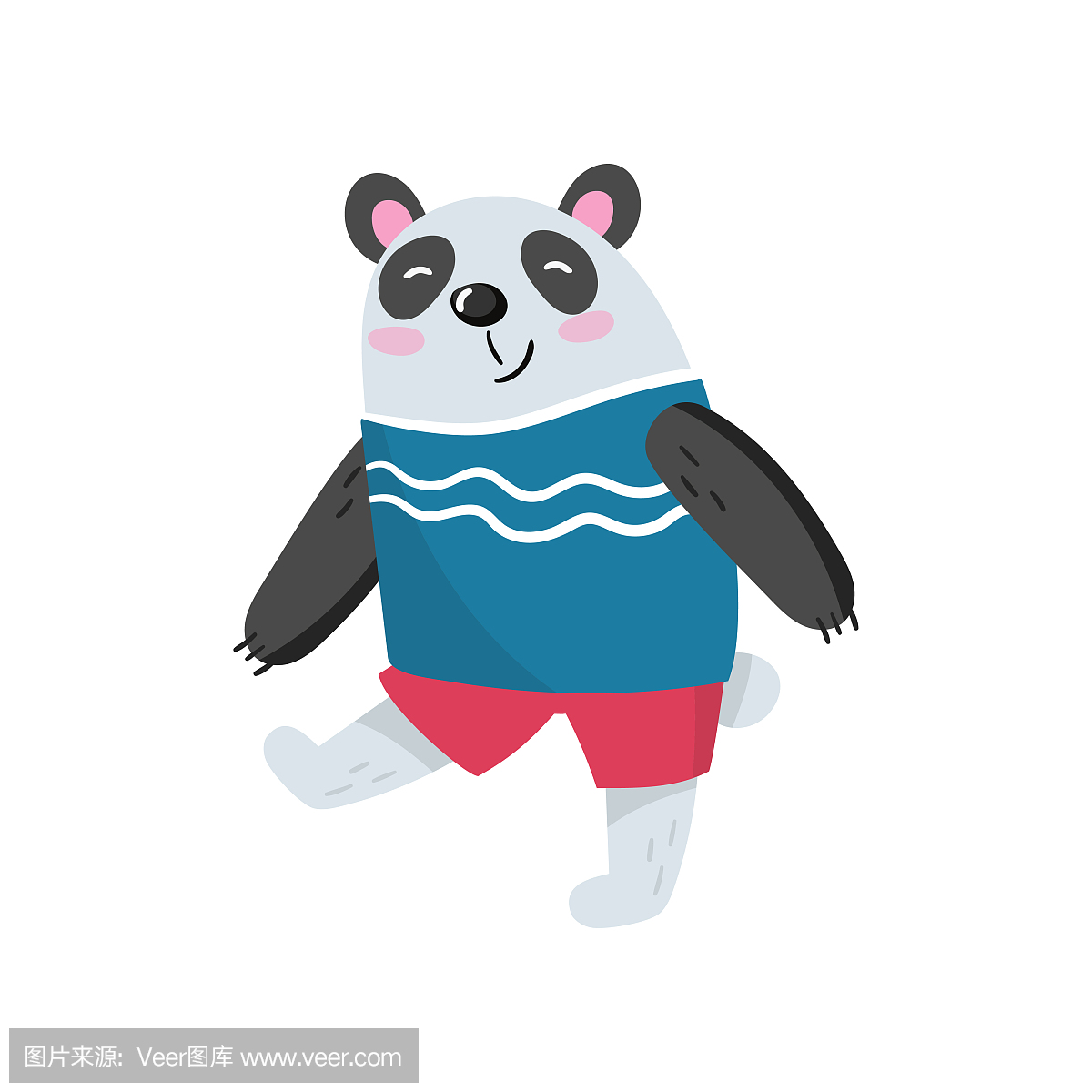 卡通熊猫人物与微笑枪口走。黑色和白色竹熊在