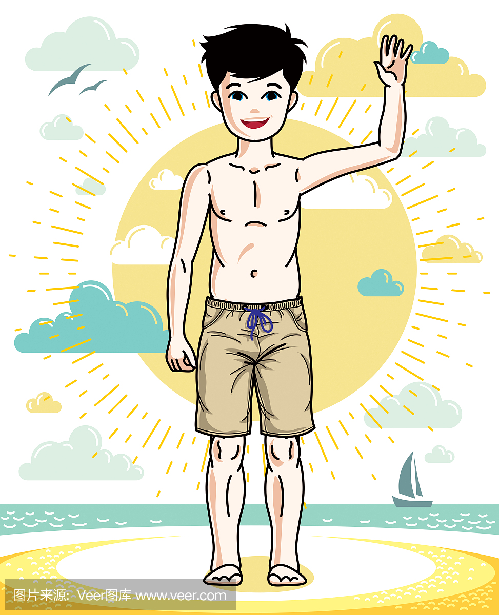 可爱的小男孩年轻青少年站立时髦的沙滩短裤。