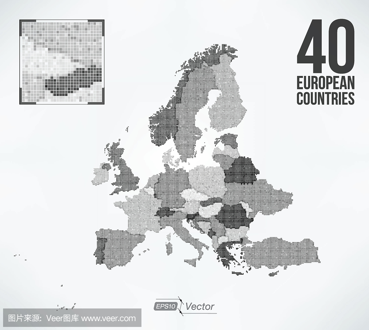点矩阵矢量欧洲地图 - 40欧洲国家