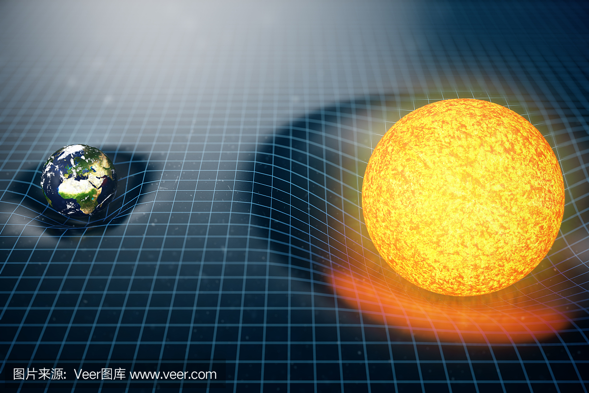 3D插图地球和太阳引力在它周围弯曲空间。与