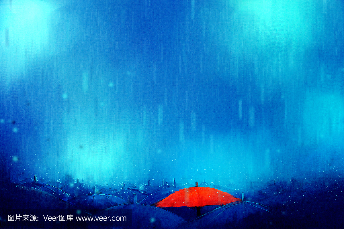 在雨中的红伞的数字绘画,在画布上的压克力纹