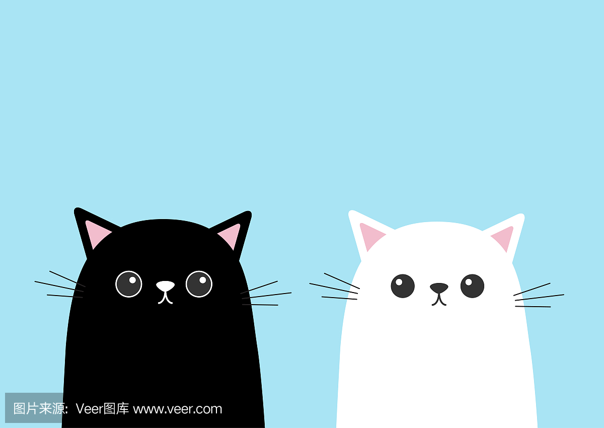 黑色白色可爱猫咪小猫脸集。卡通小猫角色。可