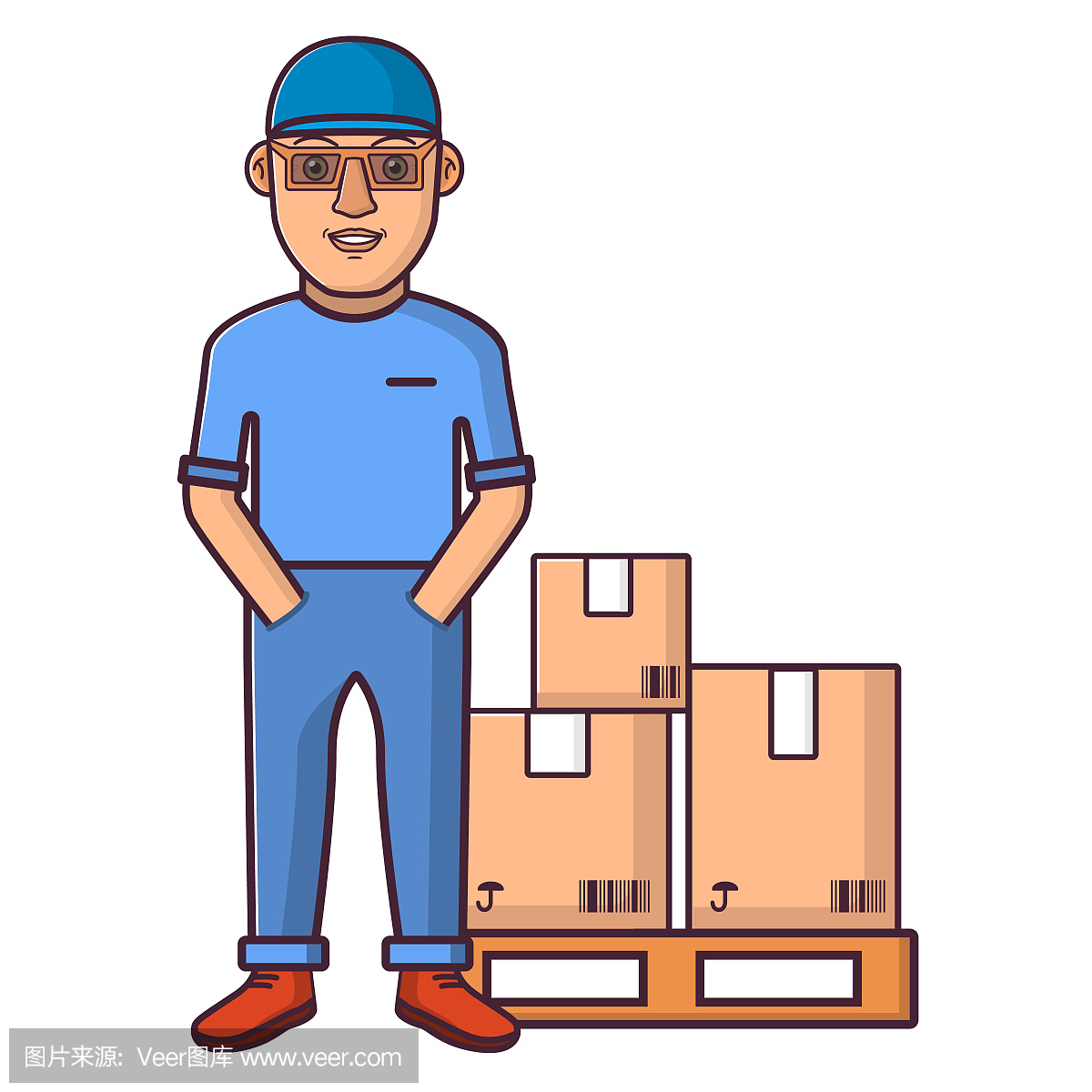 快递工作服与货物包装成盒子。年轻人在衣服送