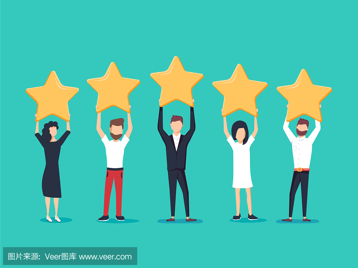 五颗星评价平面样式矢量的概念。人们头顶上挂