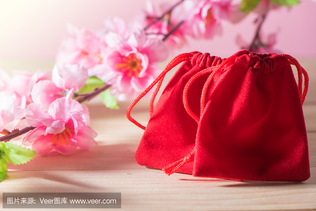 Red Gift Bag and plum blossom on Old Shabby