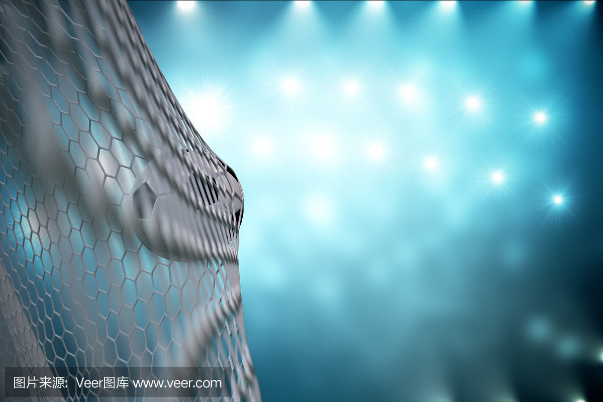 3d渲染足球在目标中。足球在网与聚光灯和体