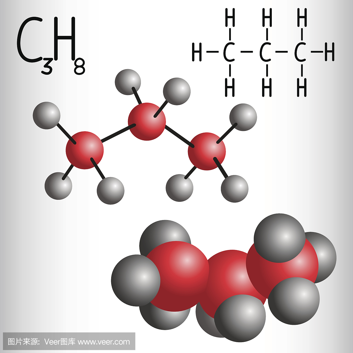 丙烷C3H8的化学式和分子模型