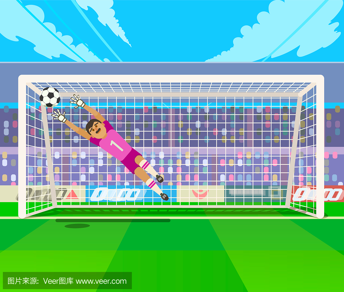 守门员跳球。矢量图的守门员跳踢球时踢足球。