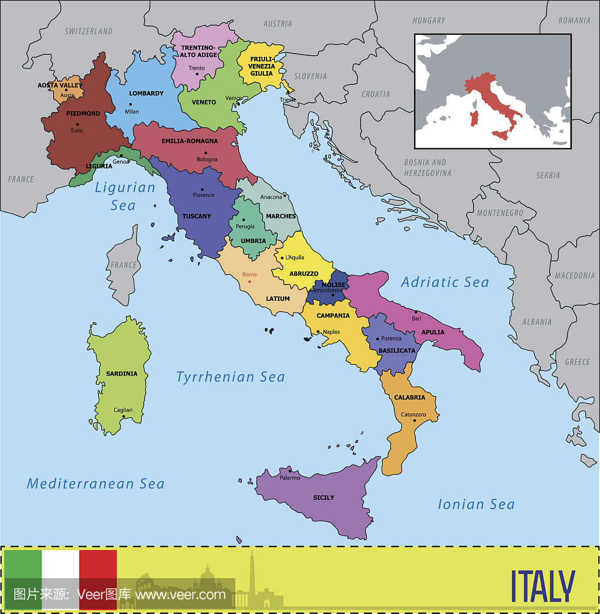 意大利地图及其首都地图