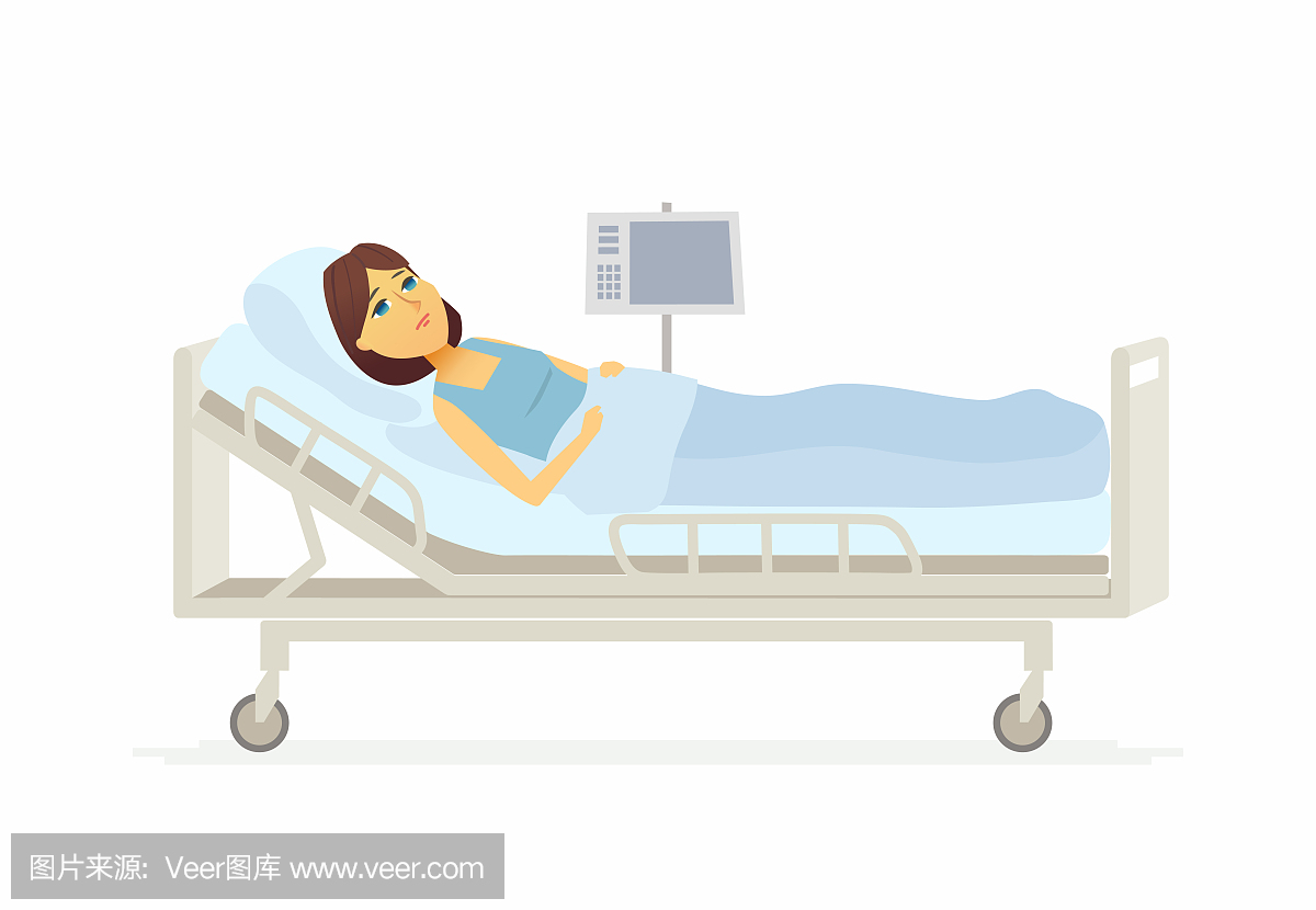 女人躺在医院的床上 - 卡通人物插图