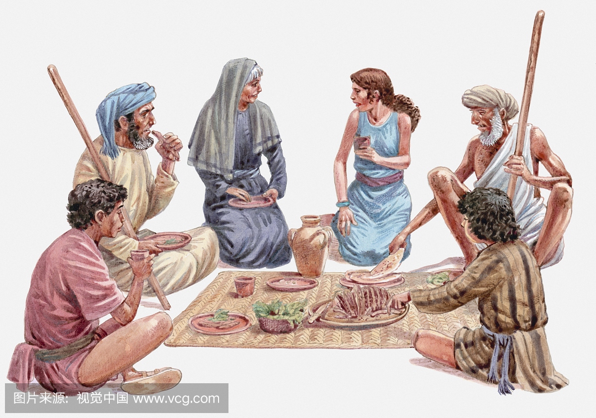 以色列人坐在埃及最后一餐的插图,逾越节,出埃