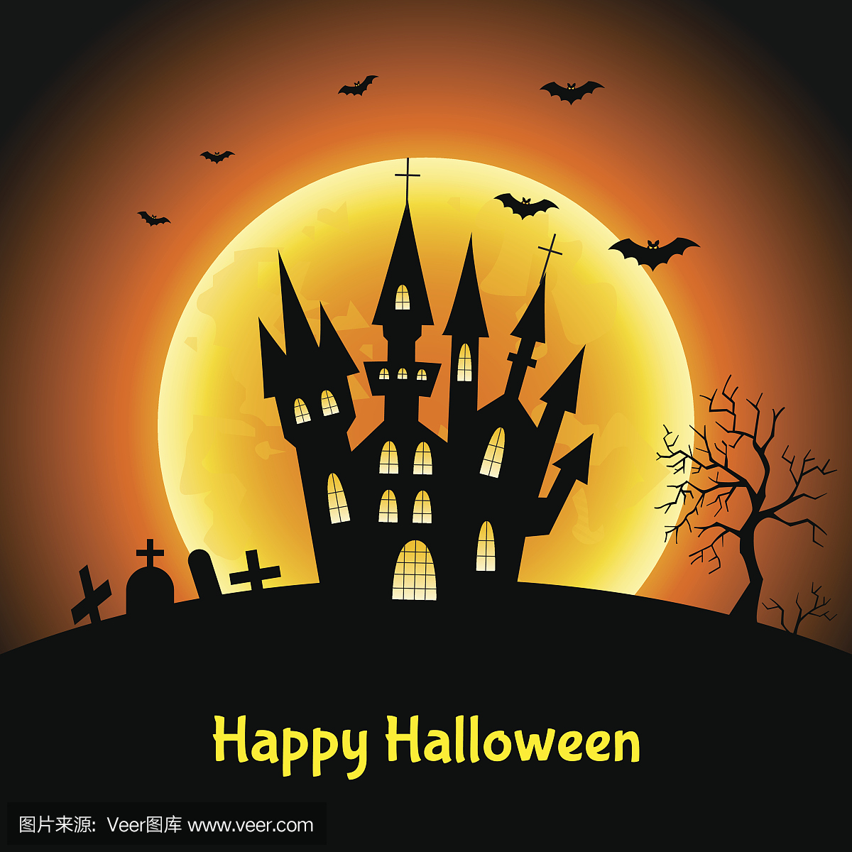 快乐万圣节背景与城堡和月亮。