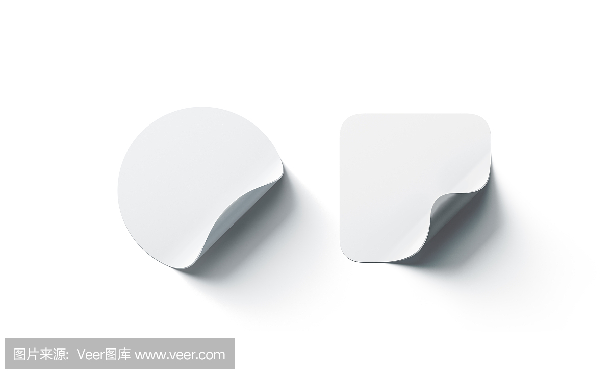 空白的白色圆形和方形不干胶贴纸样机弯曲的角