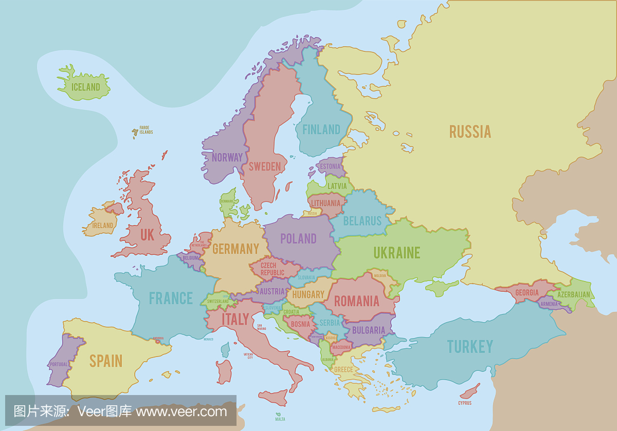 五颜六色的欧洲有英文名称的政治地图