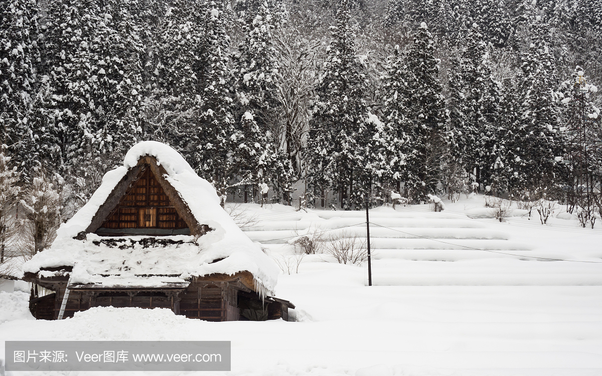 在日本岐阜市的Ainokura村,积雪覆盖屋顶的房