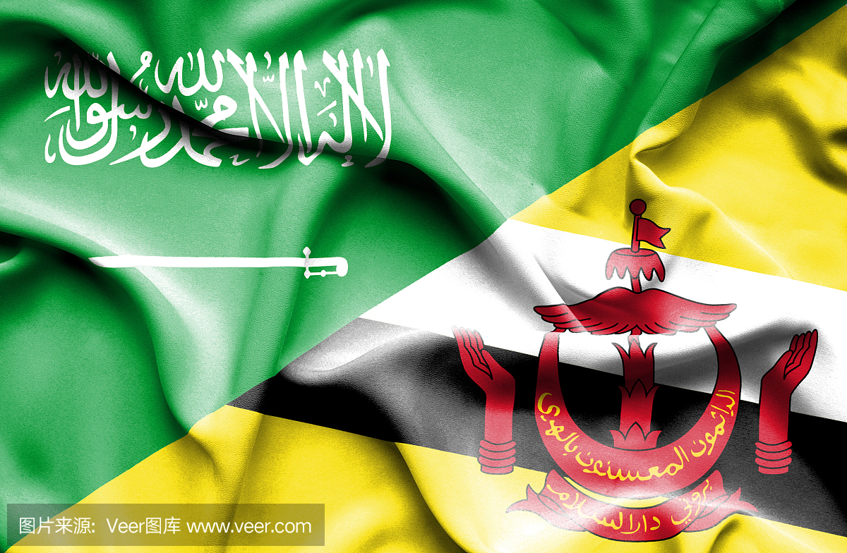 挥舞着文莱和沙特阿拉伯的旗帜