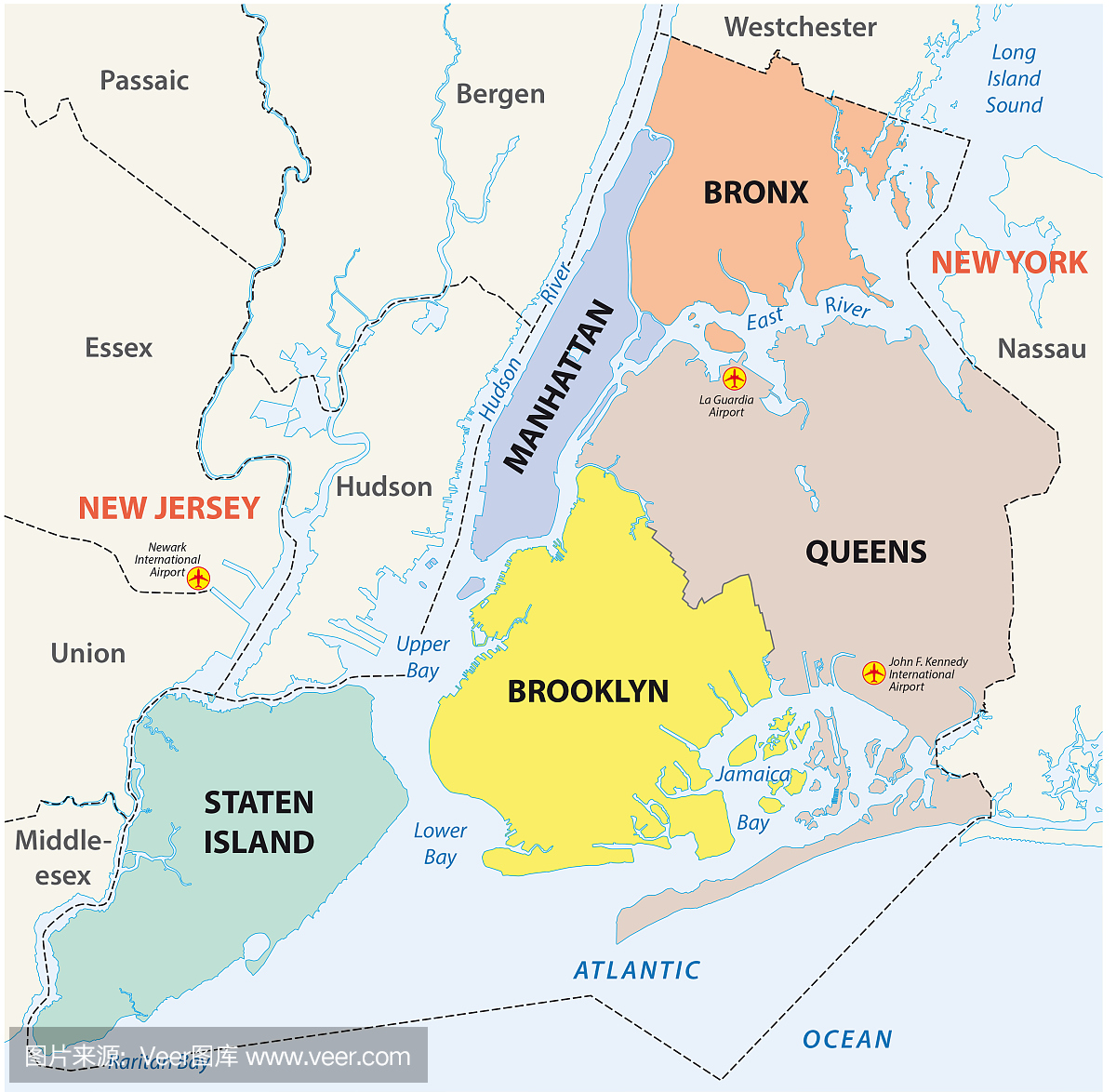 纽约市5个区的地图