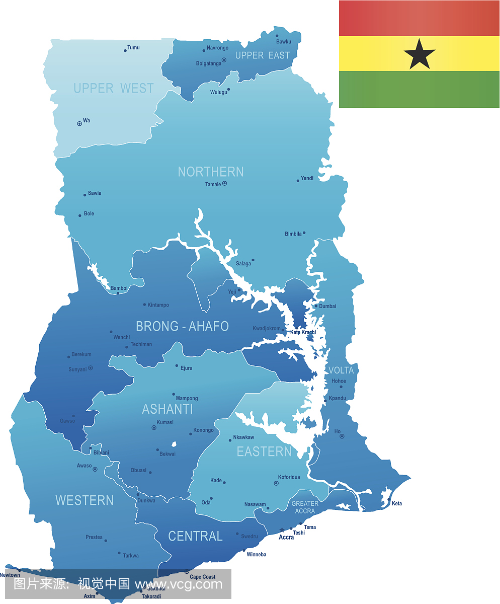 加纳地图 - 州,城市,国旗和图标