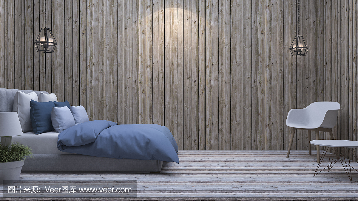 3d渲染蓝色床在复古卧室,组成好