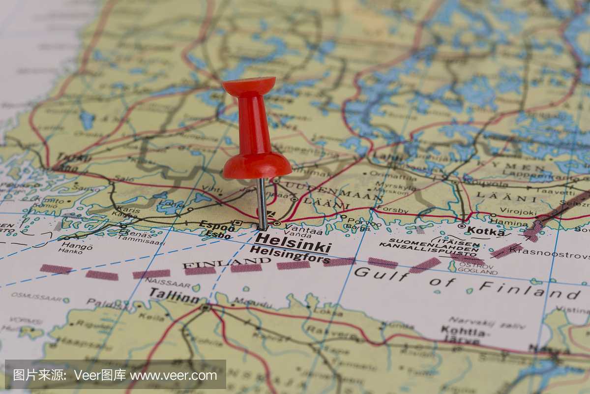 芬兰地图上标有红色图钉的赫尔辛基