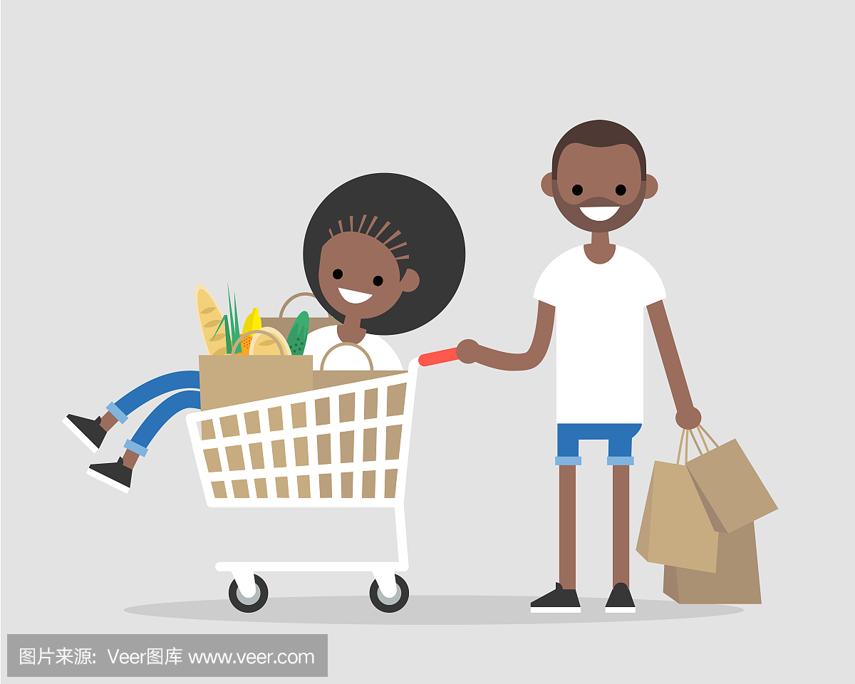 几个黑人年轻人在超市里玩乐。骑在车里。杂货