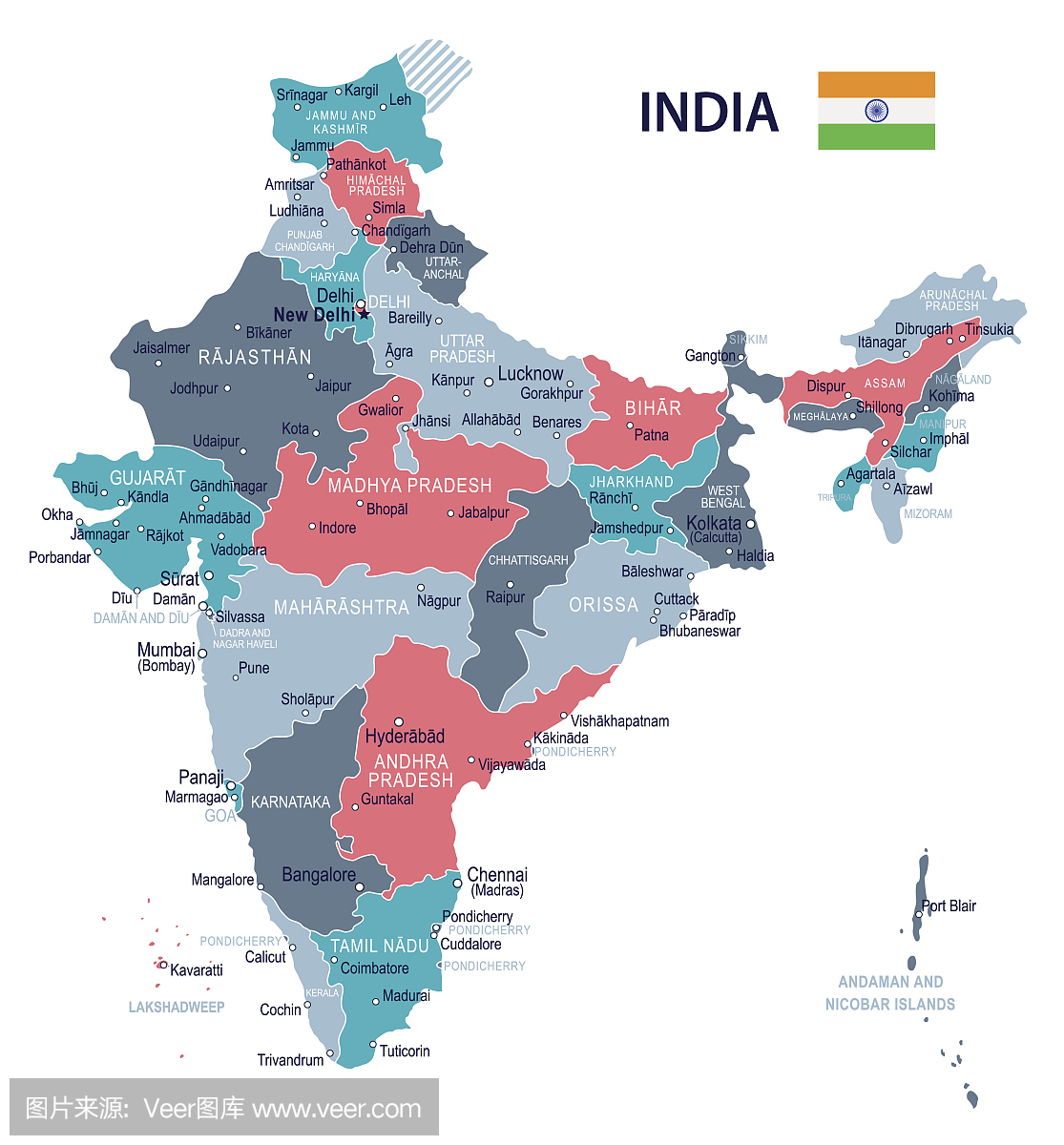 印度 - 地图和国旗插图