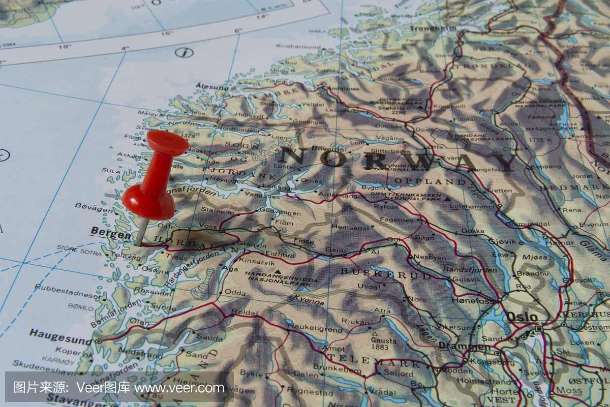 卑尔根在挪威地图上标有红色图钉