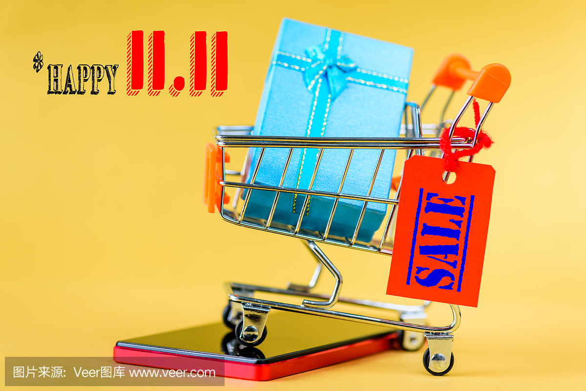 中国11.11单日销售概念。软焦点迷你购物车和