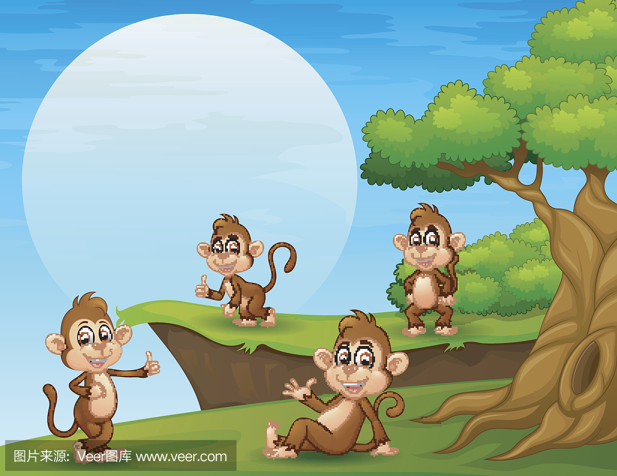卡通猴子在悬崖附近玩耍