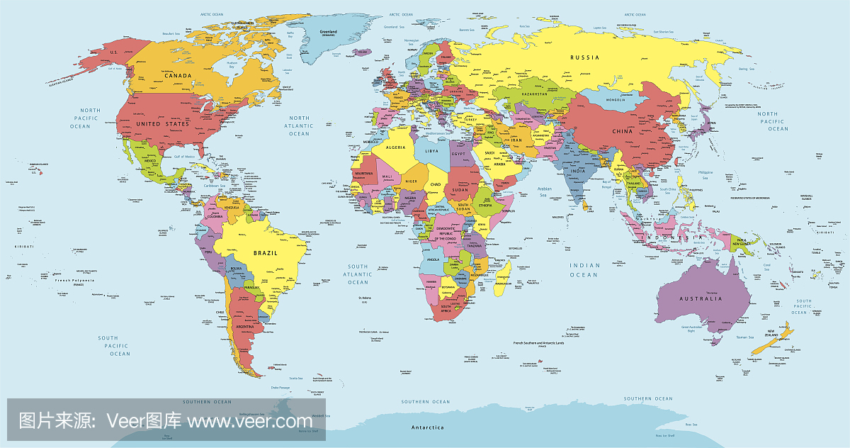 与国家,国家和城市名称的世界地图