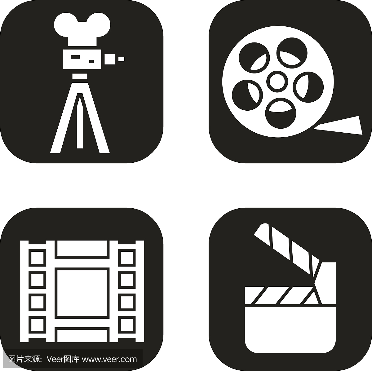 拍摄图标集。胶片相机,视频,卷轴,电影拍板符号