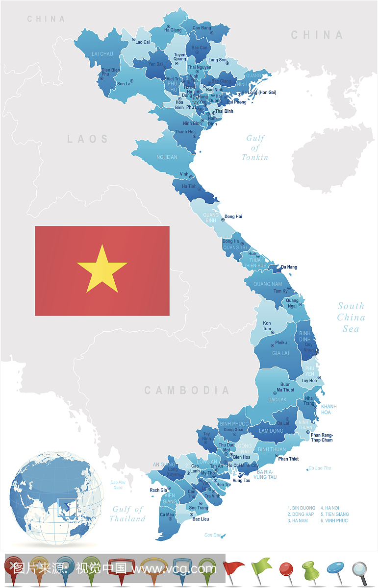 越南地图 - 州,城市,国旗和导航图标