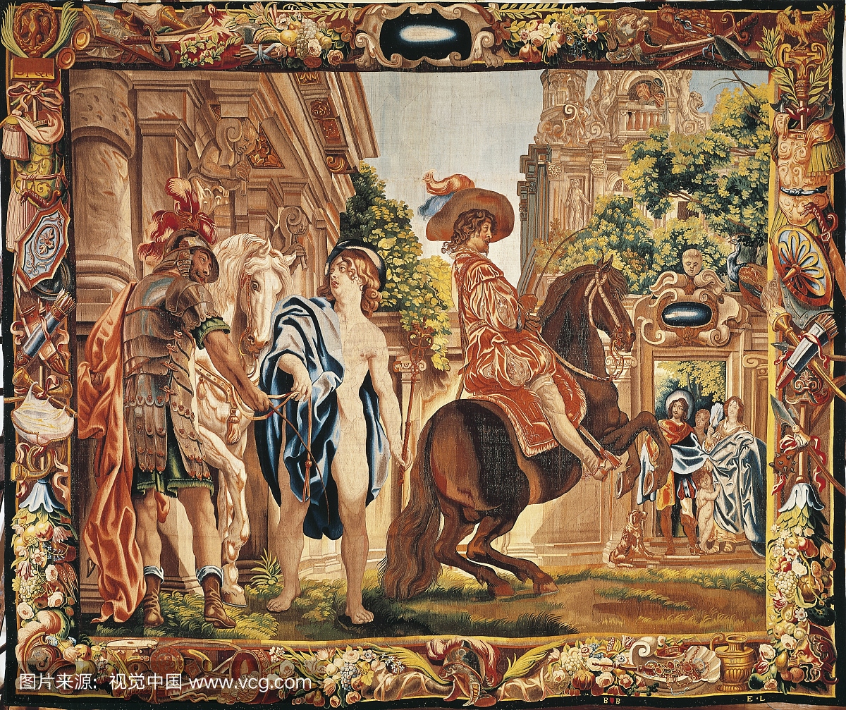 法国国王路易十三号在马背上,17世纪挂毯在布