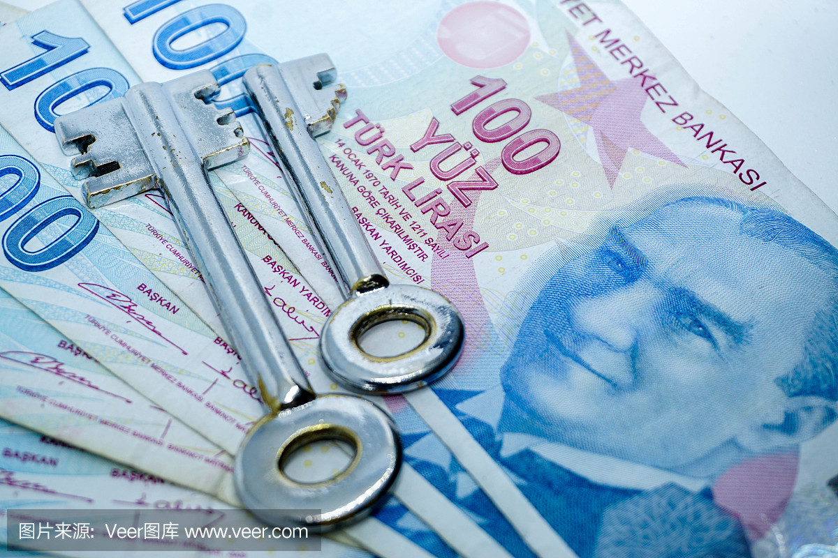 土耳其一百里拉钞票上的安全密钥特写视图