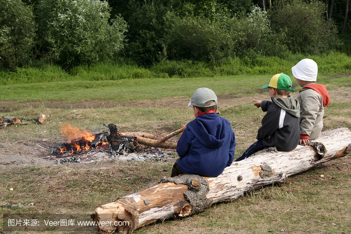 三个男孩在一个日志和火