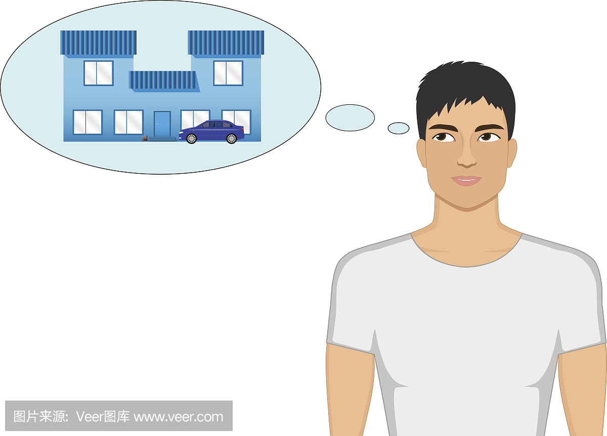 矢量卡通男人梦见一座房子和一辆车
