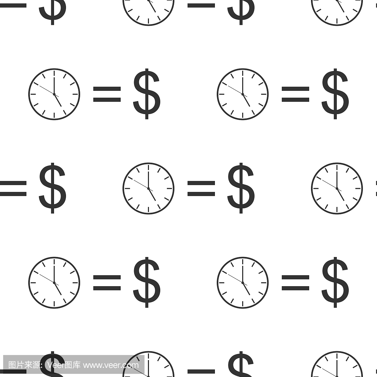 时间是金钱标志图标无缝模式在白色背景上。金