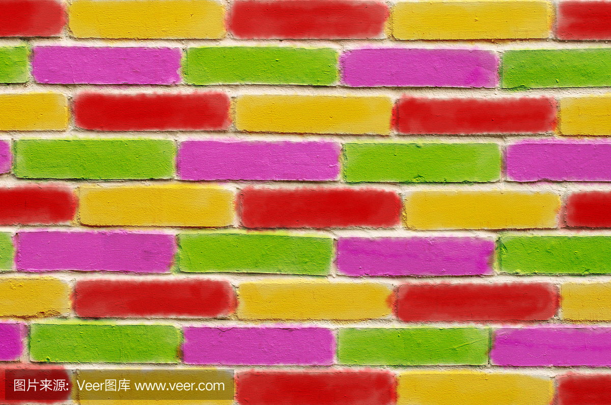 砖墙,用绿色紫色红色和黄色画砖。