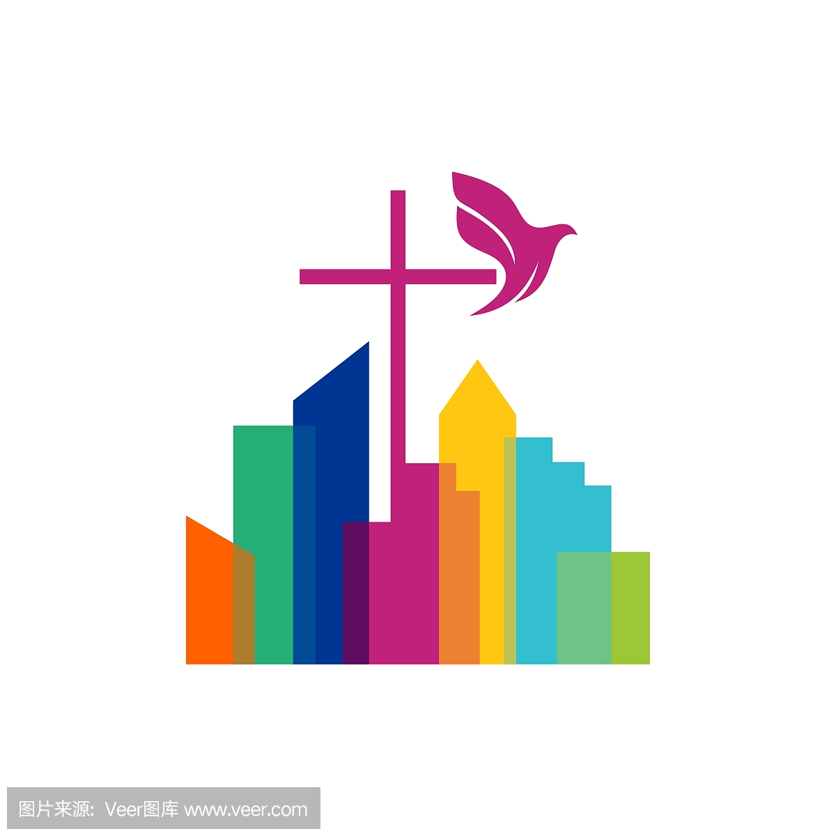 教会的标志。基督教符号。耶稣和鸽子在城市的