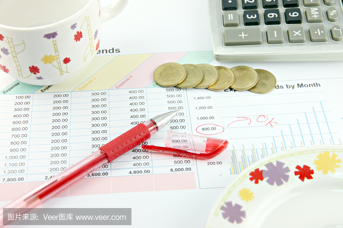 红笔,杯,计算器和钱硬币在商业图。
