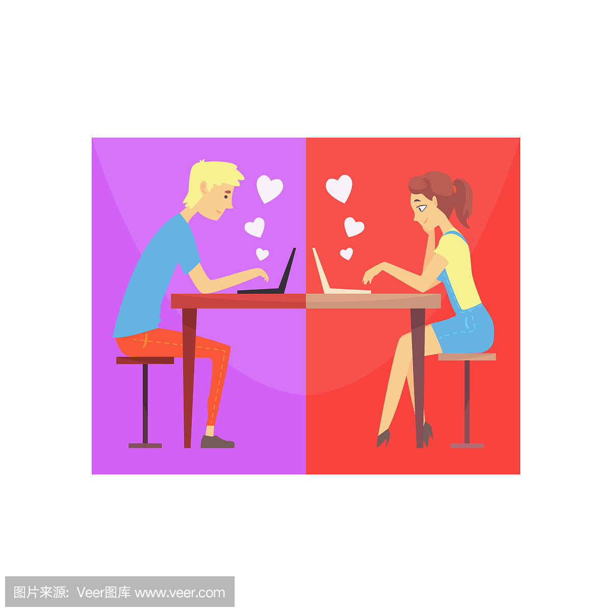 幸福的男人和女人在网上聊天的爱,坐在桌前。