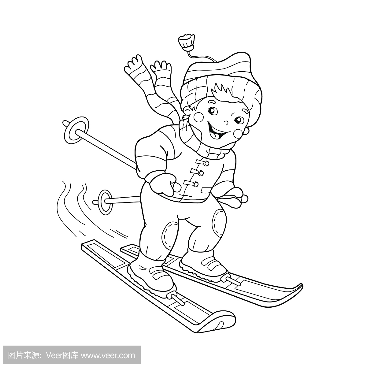 着色页大纲卡通男孩骑在滑雪板上。