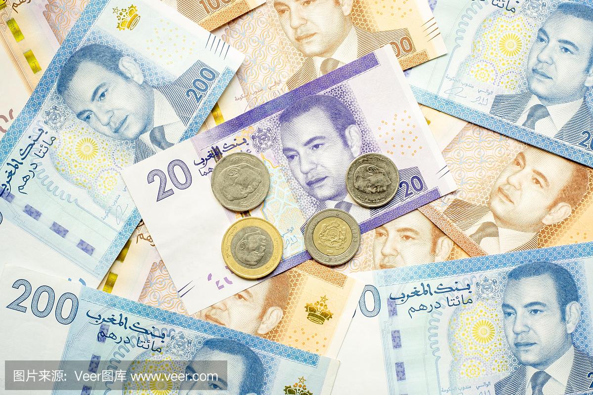 摩洛哥Dihram货币,钱,各种面额Dihram纸币和硬