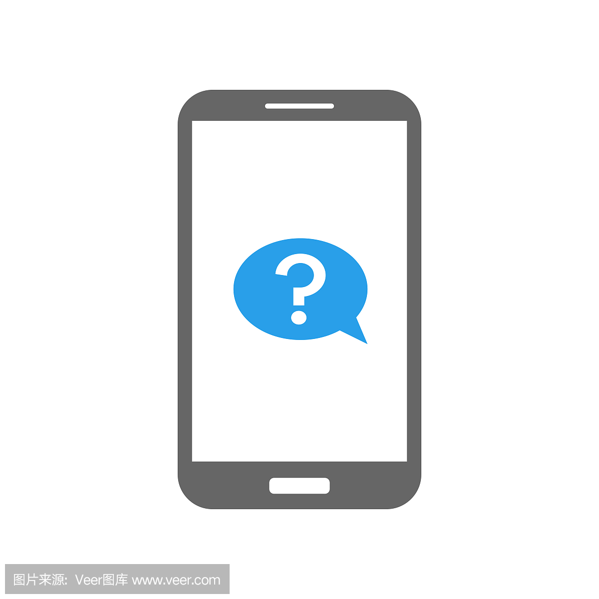 带问号的智能手机屏幕上的语音气球。询问消息