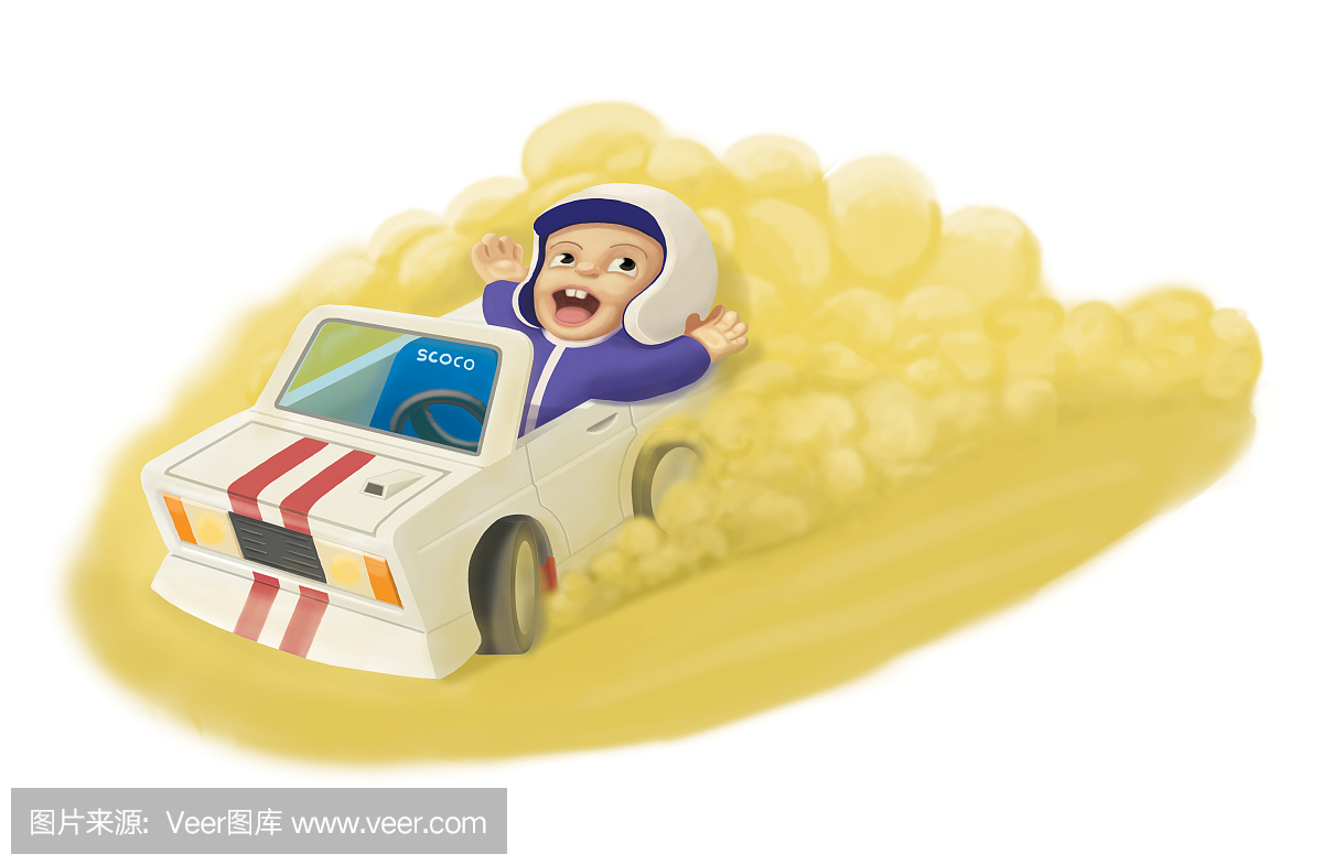 可爱的小男孩驾驶汽车在沙子卡通手画插图。