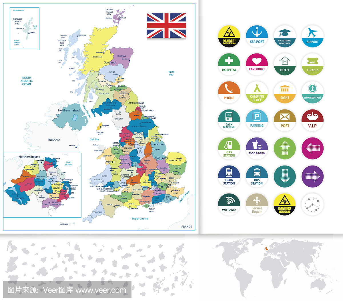 英国政治地图和平面图标集